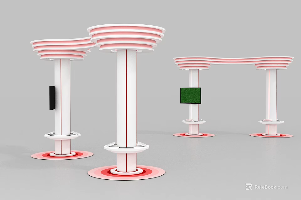 Modern Display Shelves With Circular Base White Pink Design And Digital Screen Panels 3d model 