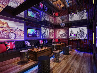 Modern KTV Room Interior With Brick Walls Murals Black Sofas Wooden Floors Union Jack Pillows 3d model