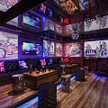 Modern KTV Room Interior With Brick Walls Murals Black Sofas Wooden Floors Union Jack Pillows