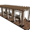 Outdoor Tea Table And Chairs Setup With Wooden Pergola White Curtains And Tea Sets