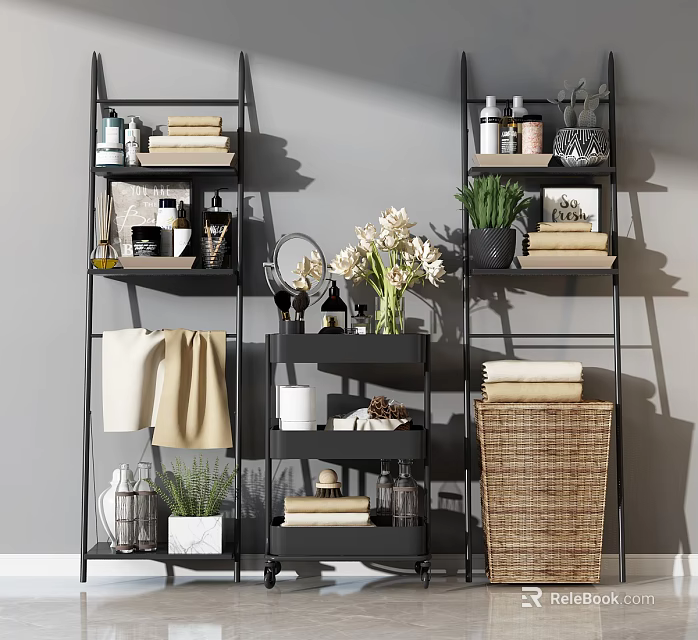 Modern Black Metal Tiered Shelving Unit With Storage Items Green Plants Towels And Books 3d model 