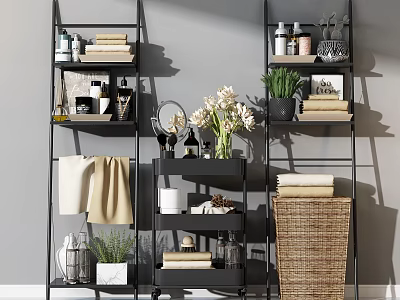 Modern Black Metal Tiered Shelving Unit With Storage Items Green Plants Towels And Books 3d model