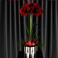 Potted Bonsai Plant With Red Flowers Green Stems Silver Pot Decorative Greenery And Red Berries