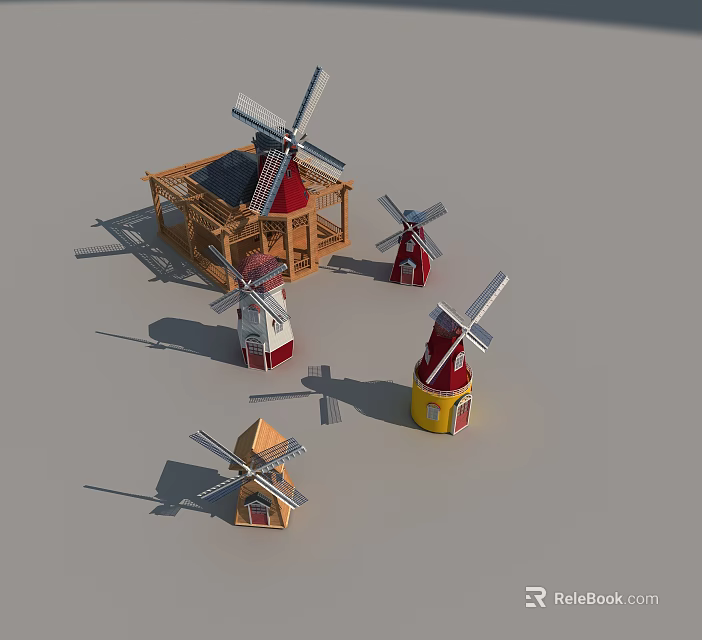 Colorful Wooden Garden Ornaments With Windmills And Small Houses In Various Styles 3d model 