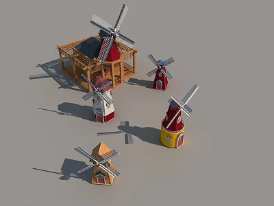 Colorful Wooden Garden Ornaments With Windmills And Small Houses In Various Styles 3d model
