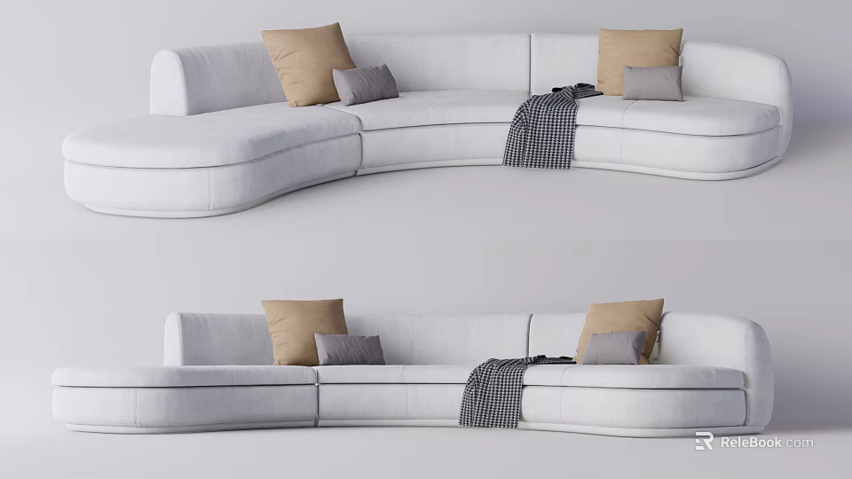 Modern White L shaped Sectional Sofa with Beige Gray Pillows and Checkered Throw Blanket 3d model 