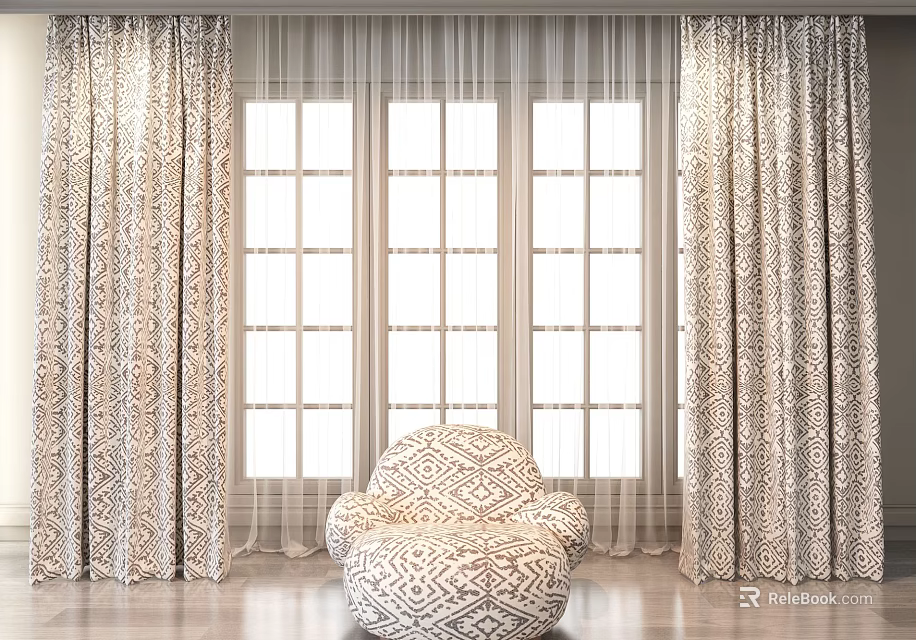 Geometric Pattern Pillow on Bean Bag Chair by Window with Beige Patterned Curtains 3d model 