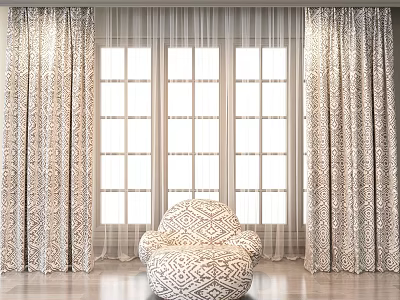 Geometric Pattern Pillow on Bean Bag Chair by Window with Beige Patterned Curtains 3d model
