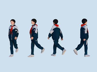 Group of Children in Blue School Uniforms With Red Scarves Walking in Different Poses 3d model