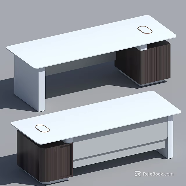 Modern Office Desk With White Tabletop And Dark Wood Drawer Design 3d model 