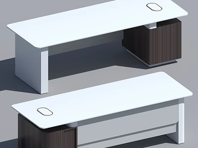 Modern Office Desk With White Tabletop And Dark Wood Drawer Design 3d model
