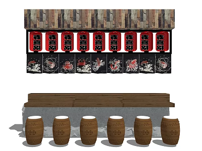 Traditional Wooden Reception Desk With Red Lanterns Barrels And Decorative Panels 3d model