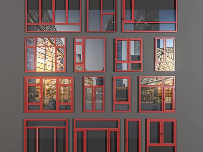 Various Window Designs With Red Frames On Gray Wall And Glass Reflections 3d model