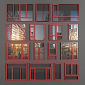 Various Window Designs With Red Frames On Gray Wall And Glass Reflections 3d model