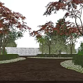 Red Leaved Trees Lining Dirt Path With Green Shrubs Stone Wall And Blue Sky 3d model