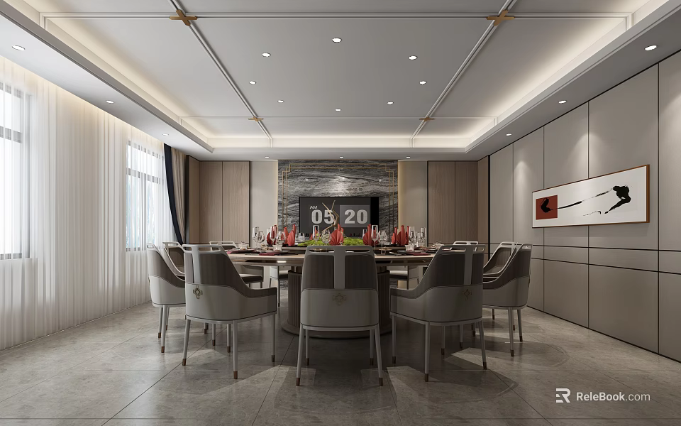 Modern Private Dining Room Interior With Round Table And Chairs 3d model