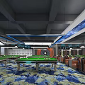 Modern Billiard Hall Interior With Pool Tables Blue Lighting And Patterned Carpet 3d model