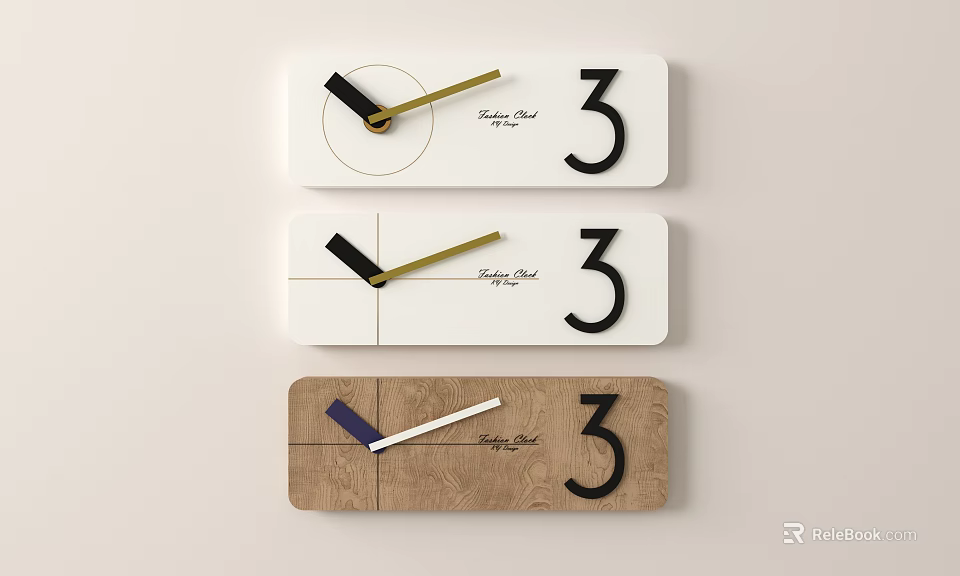 Three Minimalist Wall Clocks With Golden Hands Number 3 And Wooden White Surfaces 3d model 