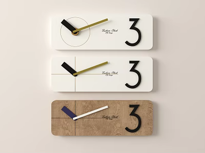 Three Minimalist Wall Clocks With Golden Hands Number 3 And Wooden White Surfaces 3d model