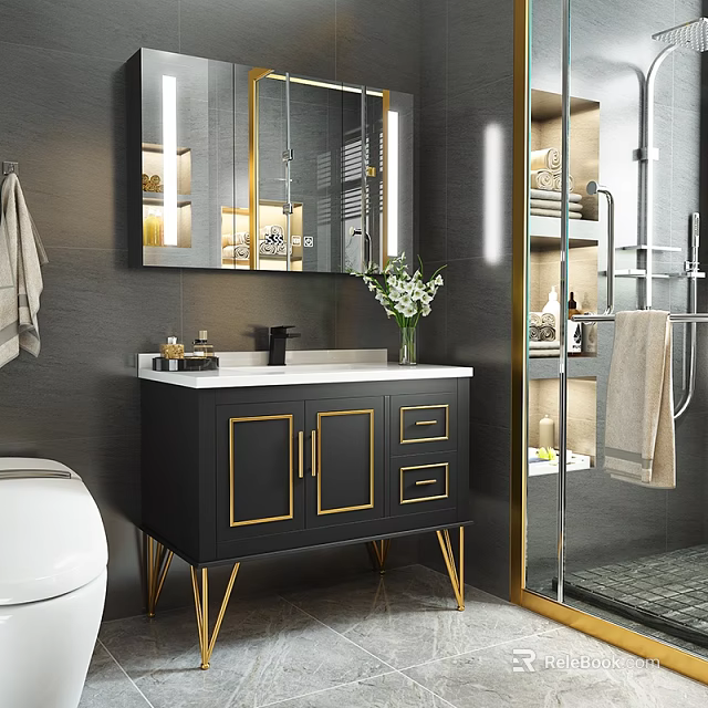 Stylish Black Bathroom Vanity With Gold Accents White Countertop Large Mirror And Decorative Vase 3d model 