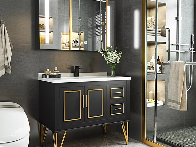 Stylish Black Bathroom Vanity With Gold Accents White Countertop Large Mirror And Decorative Vase 3d model