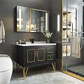 Stylish Black Bathroom Vanity With Gold Accents White Countertop Large Mirror And Decorative Vase
