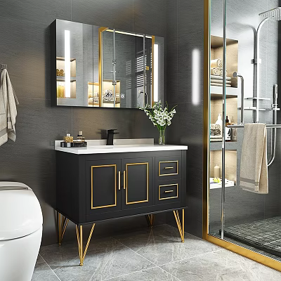 Stylish Black Bathroom Vanity With Gold Accents White Countertop Large Mirror And Decorative Vase 3d model