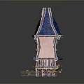 Fairy Tale Style Pink Building Featuring Blue Roof Pointed Tower Yellow Window And Porch Plants