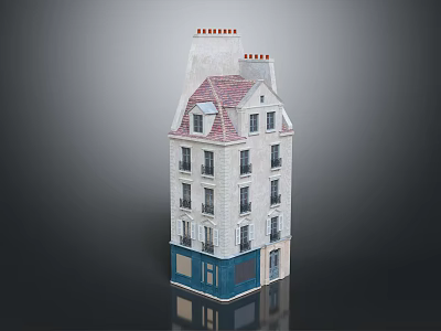 Cartoon Scene of a Multi Story Building with Red Roof White Walls and Blue Facade 3d model