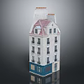 Cartoon Scene of a Multi Story Building with Red Roof White Walls and Blue Facade