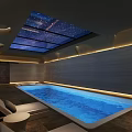 Luxurious SPA Sauna Interior With Swimming Pool Jacuzzi Starry Sky Ceiling And Warm Lighting