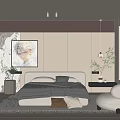 Modern Bedroom Interior With Cozy Bed Framed Artwork Potted Plant Soft Rug And Round Accent Chair