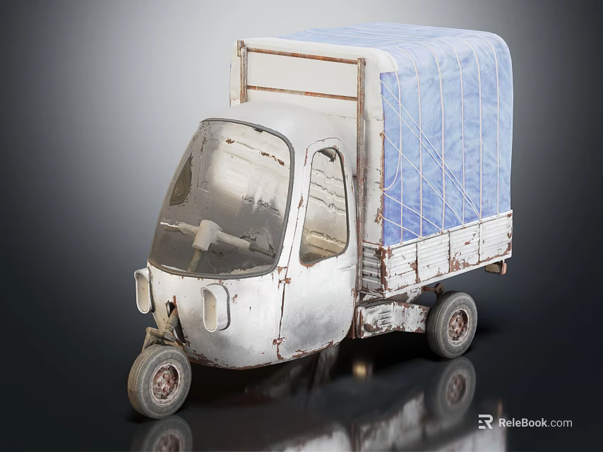Vintage Three Wheeler Tricycle With Blue Tarpaulin Covered Cargo Bed And Weathered Metal Body 3d model 