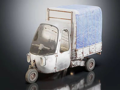 Vintage Three Wheeler Tricycle With Blue Tarpaulin Covered Cargo Bed And Weathered Metal Body 3d model