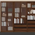 Walnut Wooden Bookcase With Glass Doors Drawers And Storage For Books