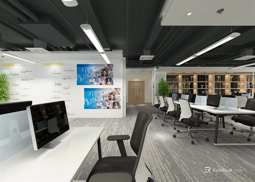 Modern Public Office Area Interior With Desks Computers Chairs Green Plants And Ceiling Lights 3d model 