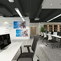 Modern Public Office Area Interior With Desks Computers Chairs Green Plants And Ceiling Lights