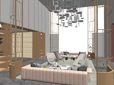 Elegant Modern Hotel Lobby Interior With Sofa Coffee Table Chandelier And Decorative Partitions 3d model