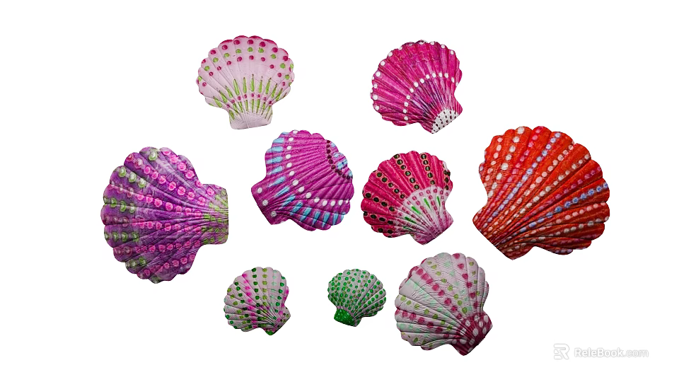 Colorful Shell Shaped Decorative Ornament Set with Polka Dots and Striped Patterns 3d model 