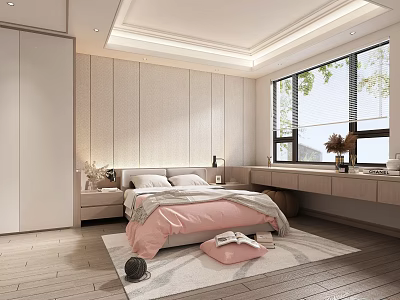 Cozy Bright Kids Room Interior With Pink Bed White Wardrobe Window Wooden Floor And Rug 3d model