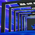 Futuristic Office Corridor With Blue Neon Lights Geometric Patterns And Modern Design
