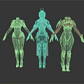 Three Futuristic Humanoid Characters in Stylish Armor With Varied Designs And Color Accents