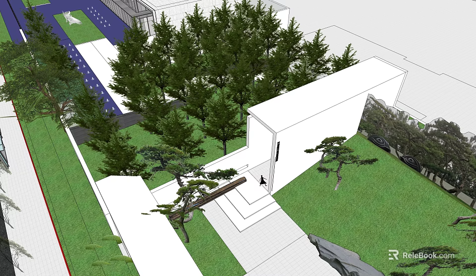 Modern Garden Landscape Design With Green Trees Lawn Pathway And White Building 3d model 