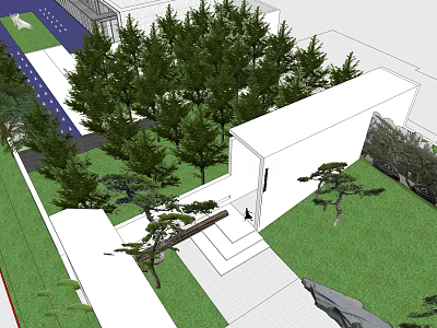 Modern Garden Landscape Design With Green Trees Lawn Pathway And White Building 3d model