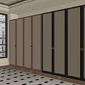 Modern Wardrobe With Woven Panels And Dark Frames In Room With Checkered Floor