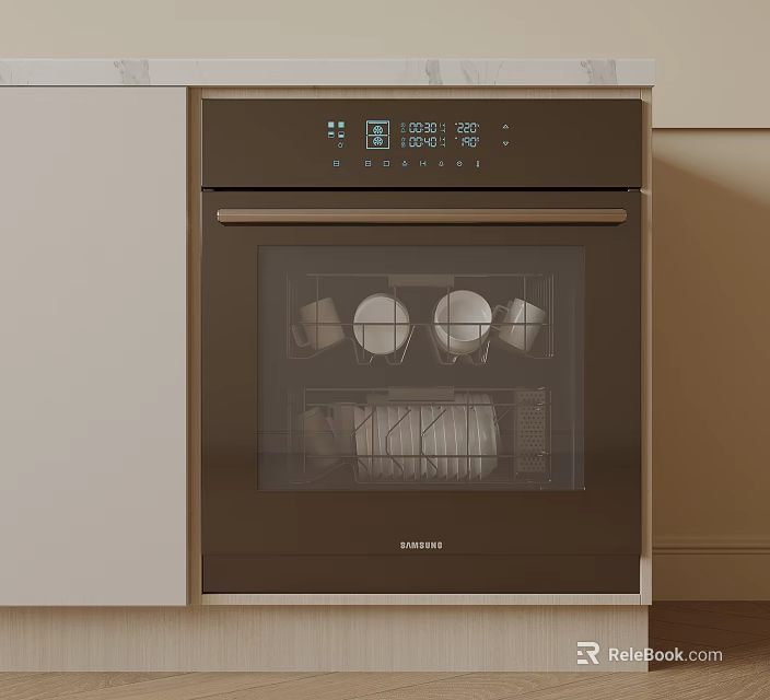 Modern Brown Haier Dishwasher With Digital Display And Cups Plates Inside Kitchen Appliance 3d model 