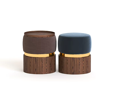 Stylish Side Tables With Walnut Wooden Base Blue Upholstered Top And Golden Ring Accents 3d model