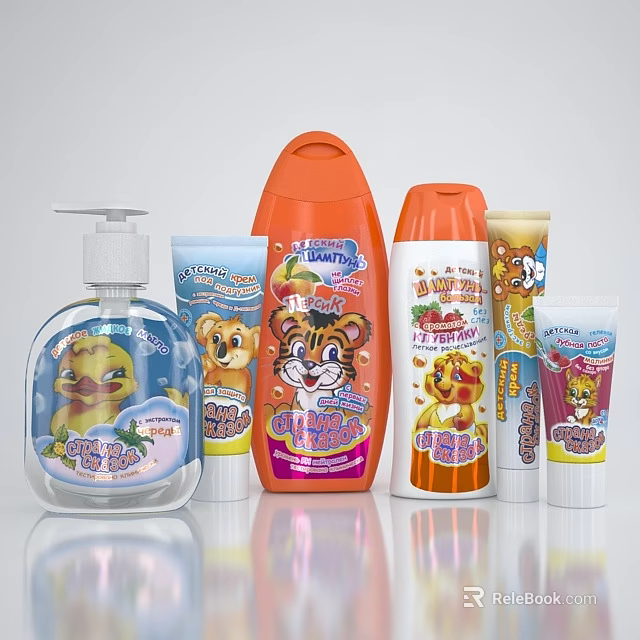 Kids Bathroom Accessories With Colorful Cartoon Animal Designs And Various Products 3d model 