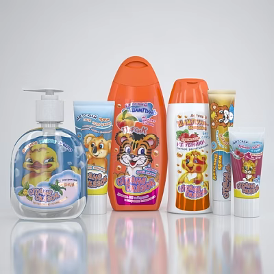 Kids Bathroom Accessories With Colorful Cartoon Animal Designs And Various Products 3d model