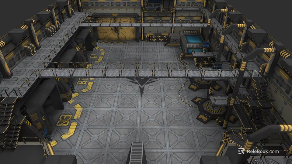 Industrial Plant Interior With Multi Level Metal Platforms Gray Floor And Yellow Markings 3d model 